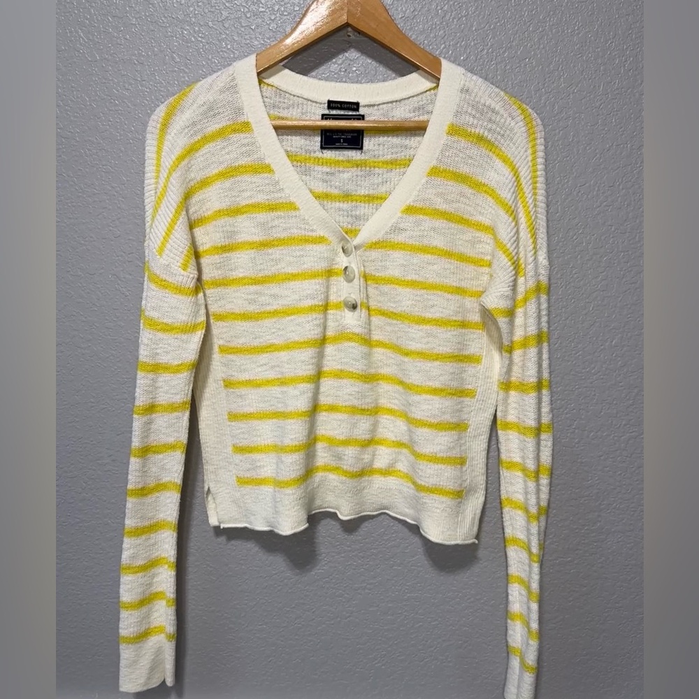 American Eagle Outfitters Cream Yellow Cropped Striped V neck Sweater Pullover